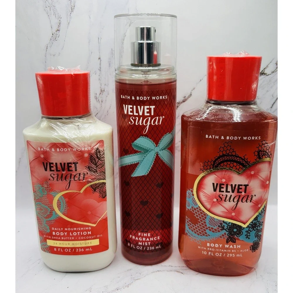 Bath & Body Works Velvet Sugar 3pc Set Fragrance Mist Lotion Body Wash